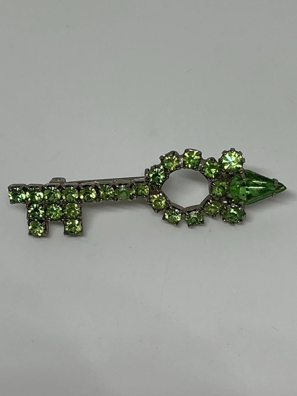 Vintage Green Rhinestone Key Brooch